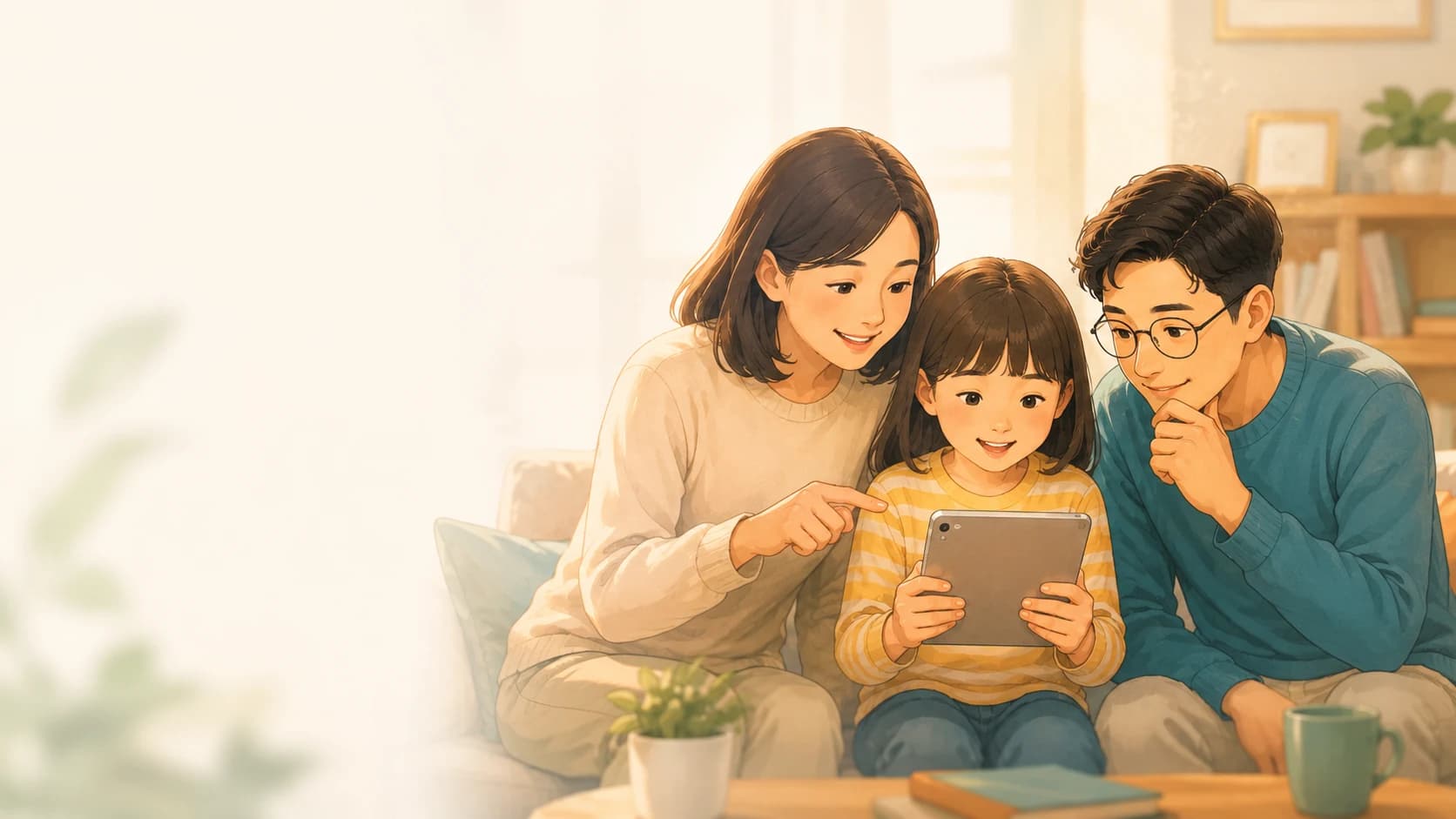 家人一起查看可疑訊息並透過 SafeOnline 學習查證的插圖